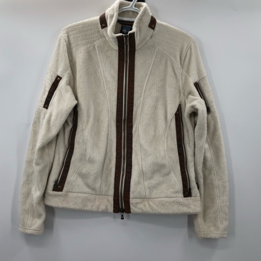 Kuhl flight jacket full zip soft fleece jacket cream and brown color size large